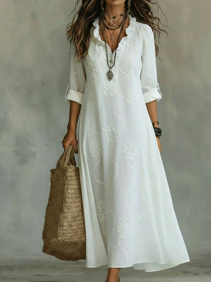 Jessamy – Embroidered Frill Neck Maxi Dress