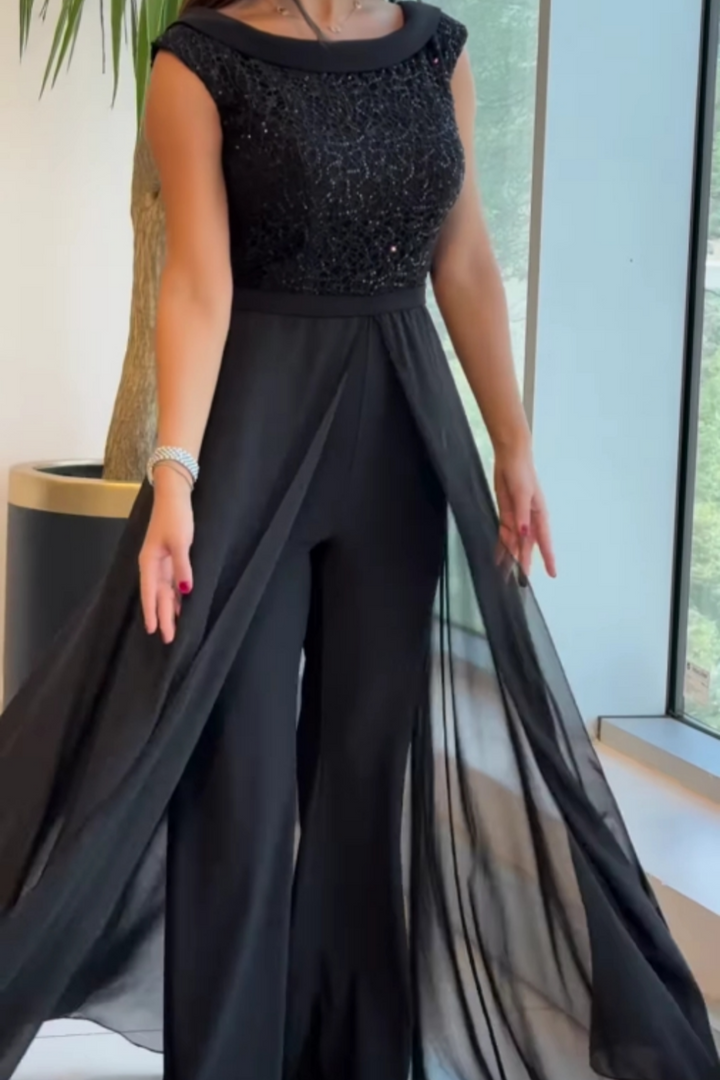 Imelda – Sequin Bodice Jumpsuit with Chiffon Overlay