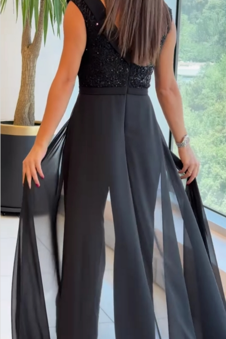Imelda – Sequin Bodice Jumpsuit with Chiffon Overlay