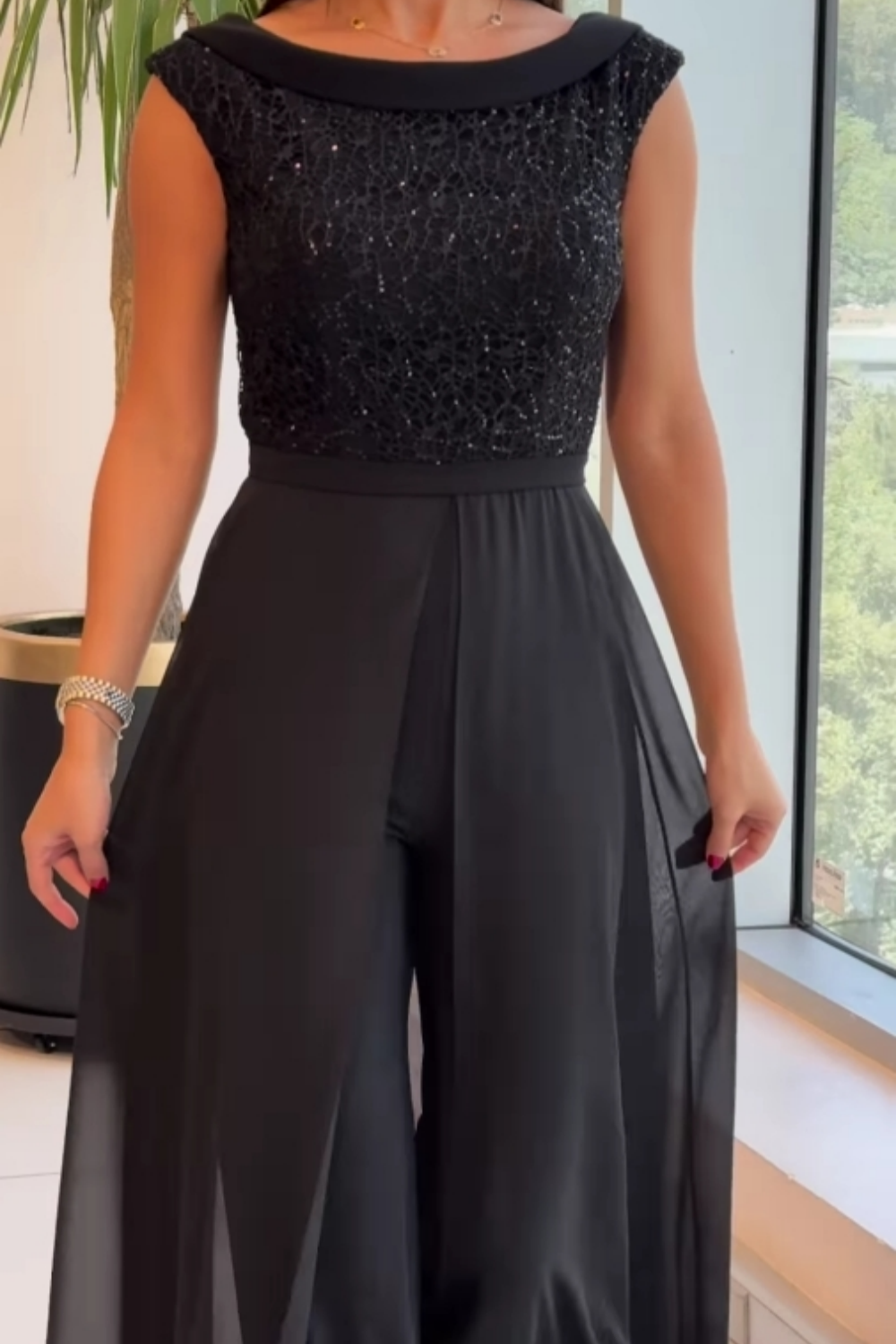 Imelda – Sequin Bodice Jumpsuit with Chiffon Overlay