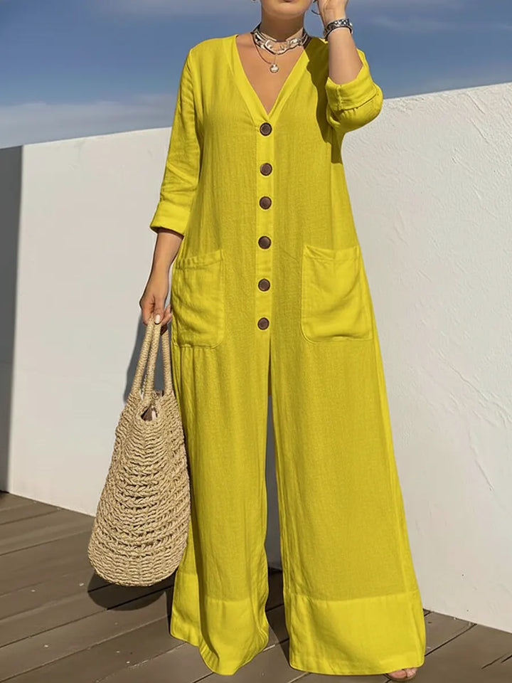 Minnie – Wide Leg Button-Front Linen-Look Jumpsuit
