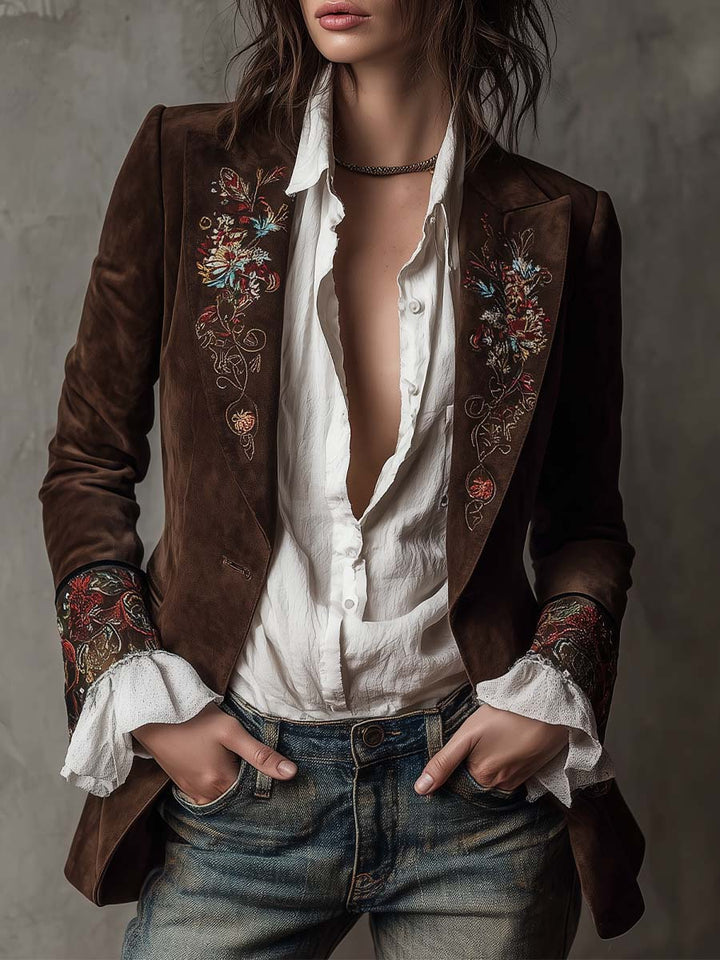 Rhiannon – Embroidered Suede-Look Tailored Blazer