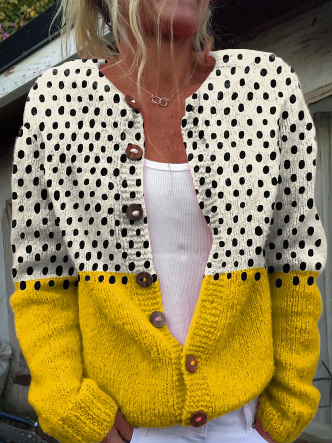 Rosamund – Polka Dot Colour Block Knit Cardigan