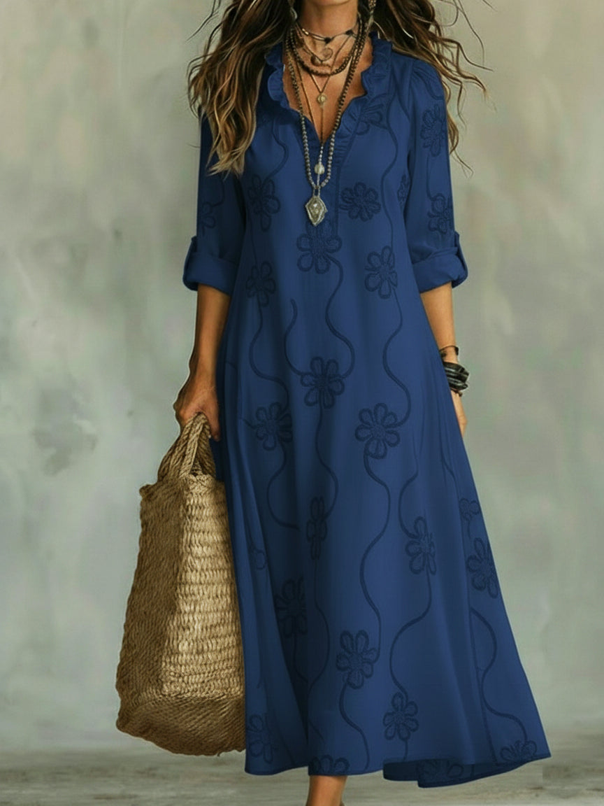 Jessamy – Embroidered Frill Neck Maxi Dress
