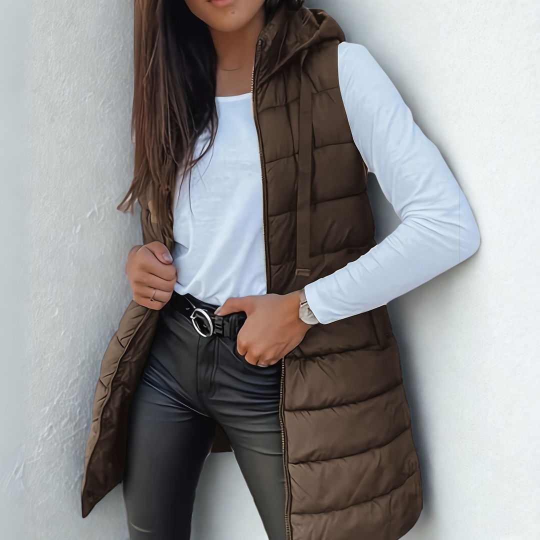 Irene – Long Hooded Sleeveless Puffer Waistcoat