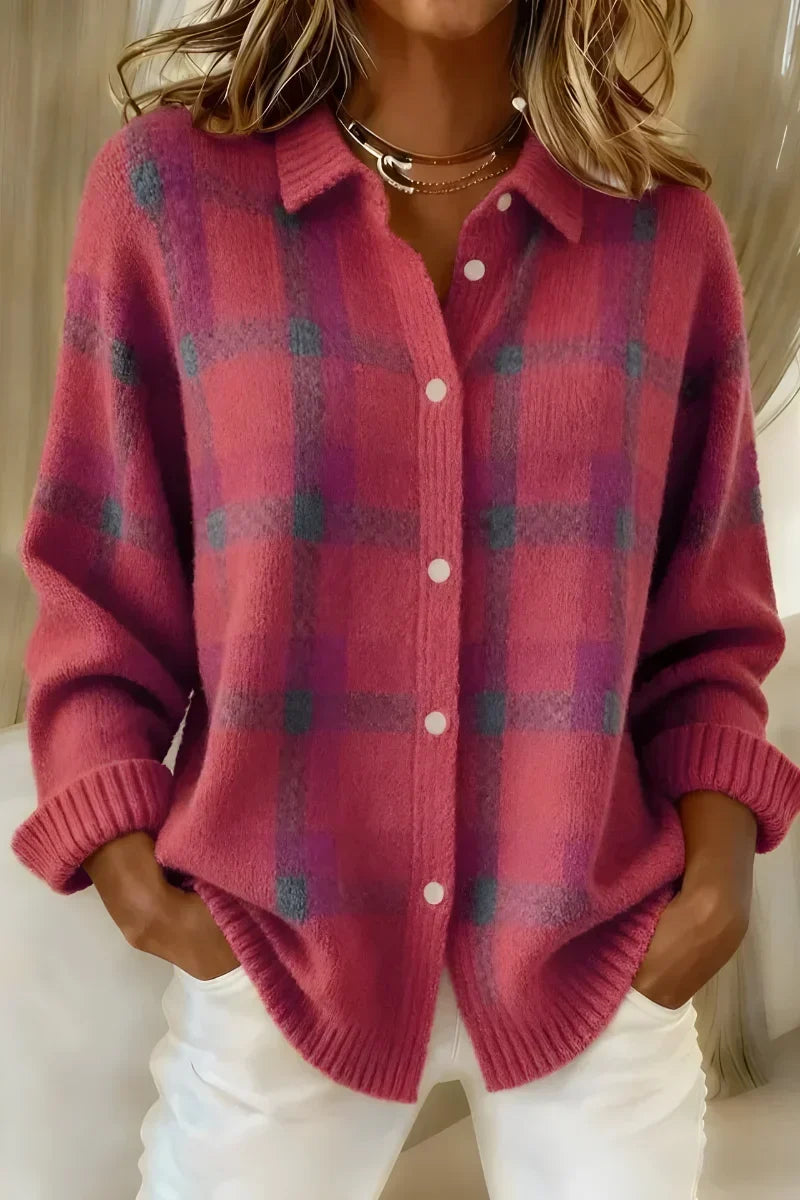 Tessa – Collared Plaid Button-Up Cardigan