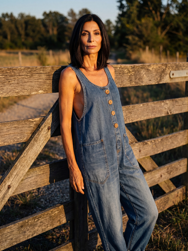 Madelyn | Rooster-Print Denim Dungarees