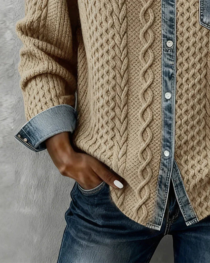 Blodwen – Cable Knit Denim Patchwork Shirt