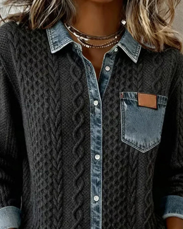 Blodwen – Cable Knit Denim Patchwork Shirt