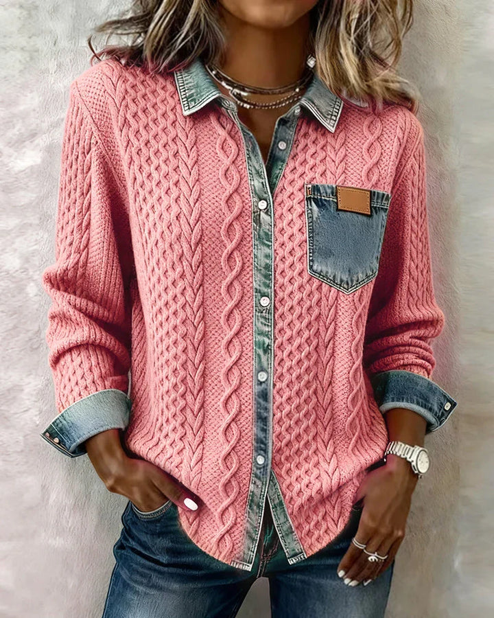 Blodwen – Cable Knit Denim Patchwork Shirt