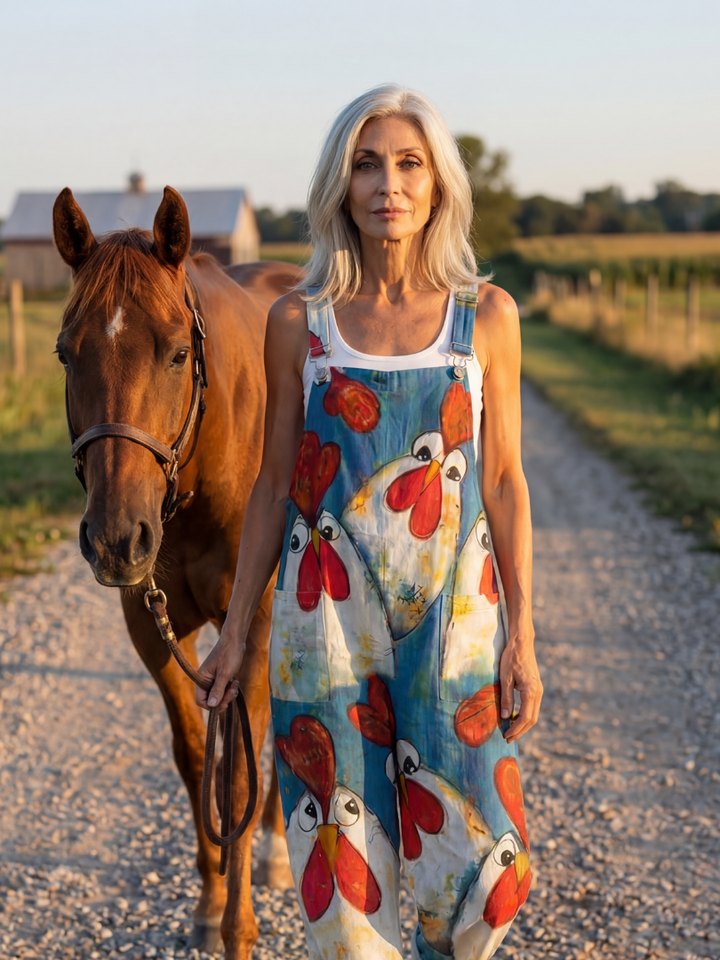Natalie | Rooster-Print Dungarees