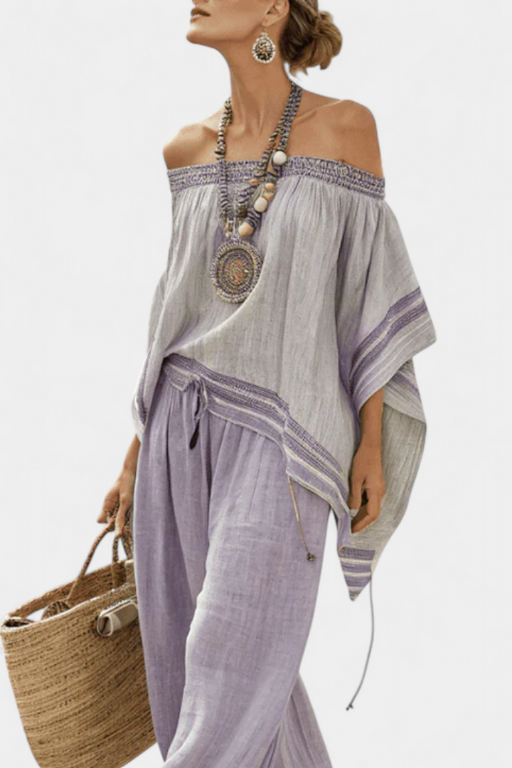 Sandhya | Elegant Off-Shoulder Top & Wide-Leg Striped Trousers