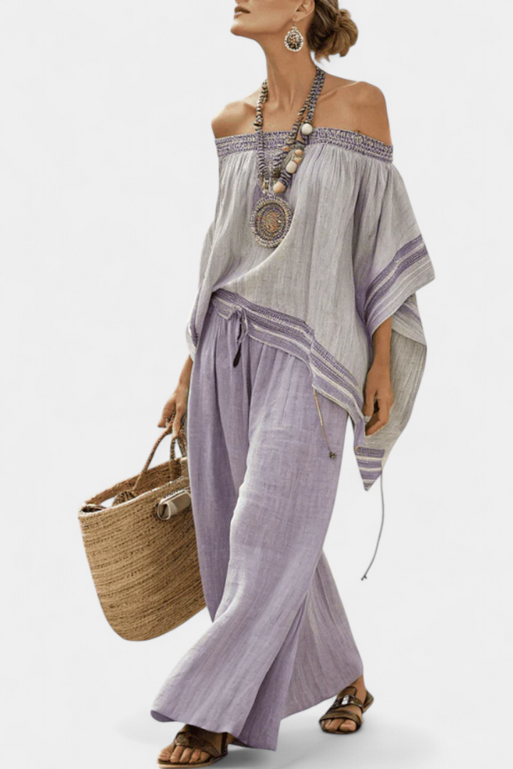 Sandhya | Elegant Off-Shoulder Top & Wide-Leg Striped Trousers