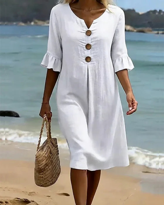 Paulina – Linen-Look Button-Front Midi Dress