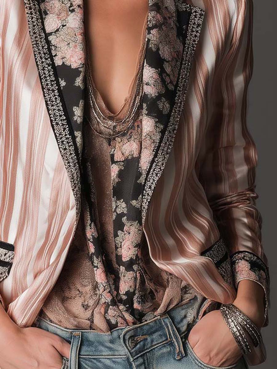 Lydia – Striped Satin-Look Blazer with Floral Detail