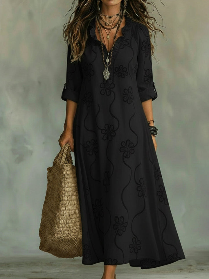 Jessamy – Embroidered Frill Neck Maxi Dress