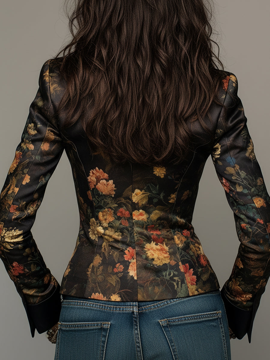 Norma – Fitted Floral Print Satin-Look Blazer