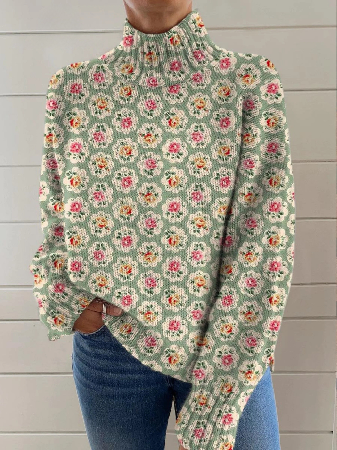 Blodwen – Floral Knit Mock Neck Jumper