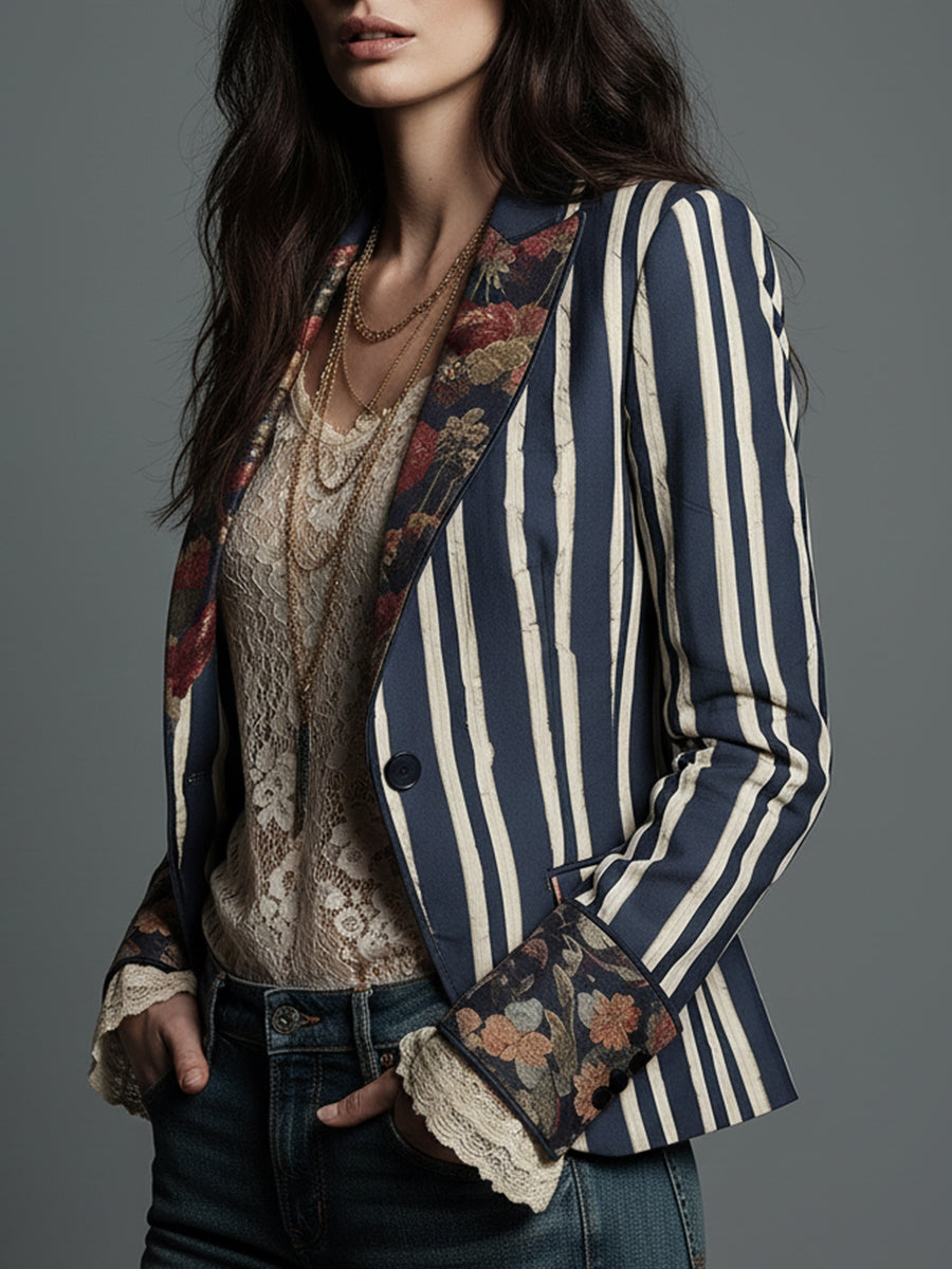 Marion – Striped Blazer with Bohemian Floral Detail
