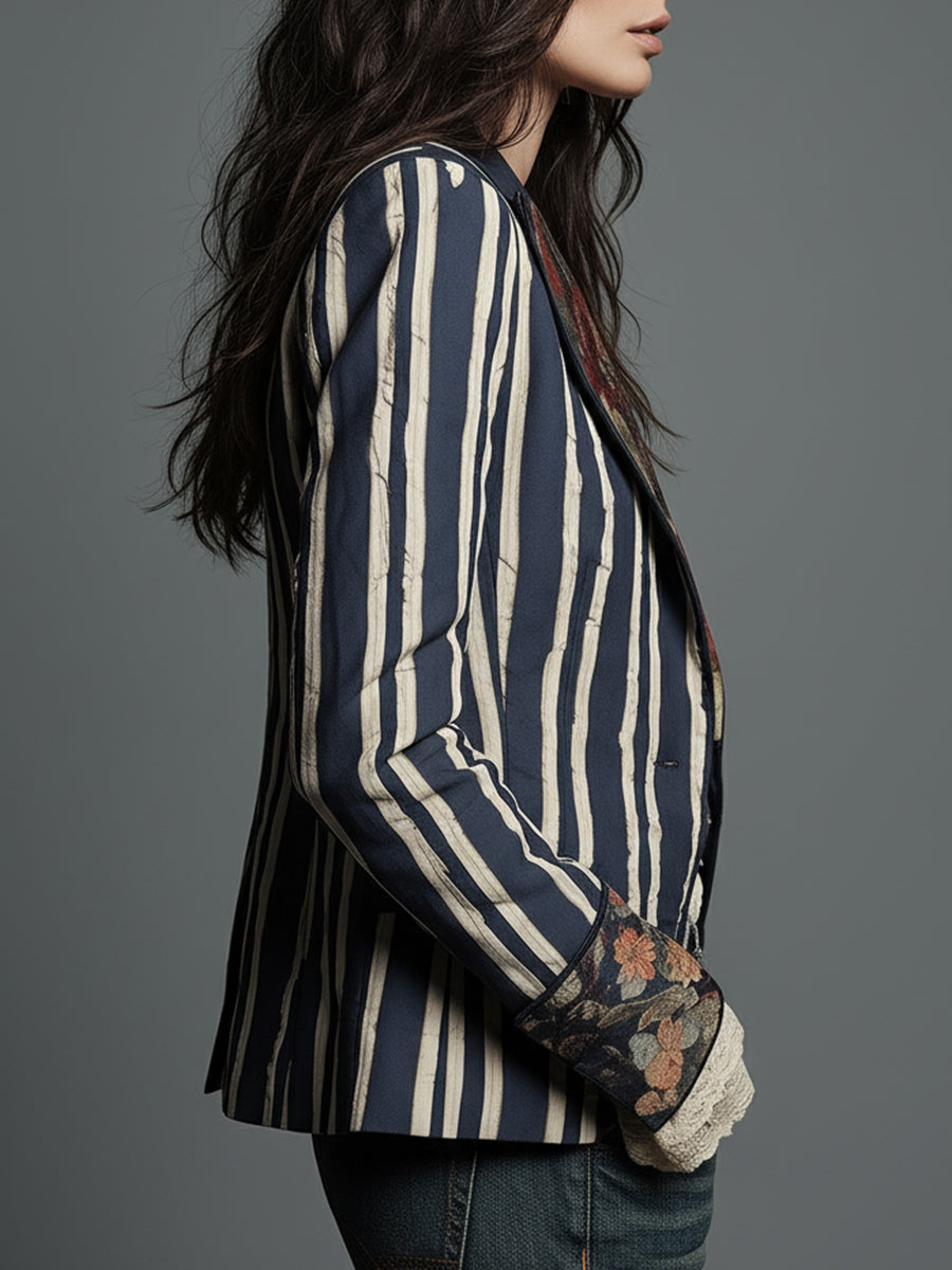 Marion – Striped Blazer with Bohemian Floral Detail
