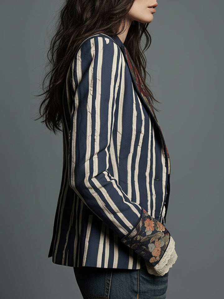 Marion – Striped Blazer with Bohemian Floral Detail