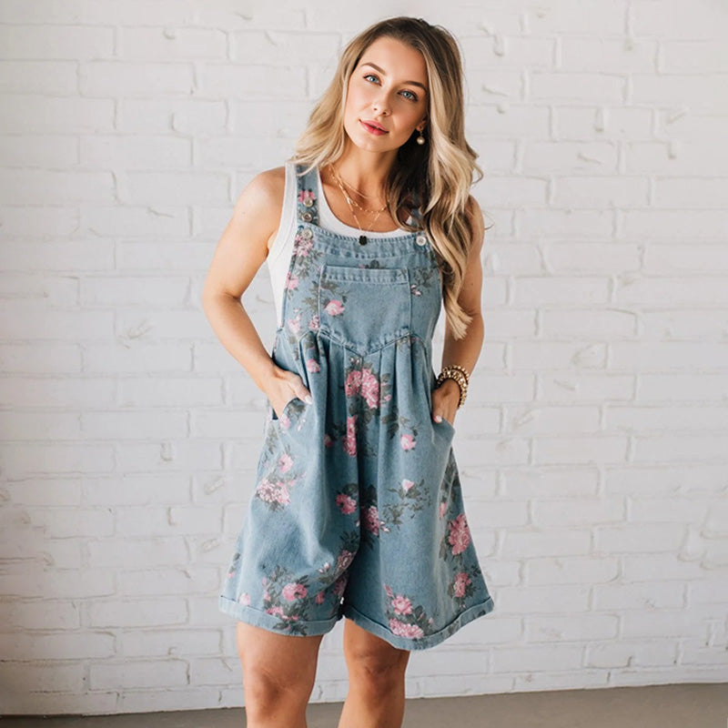 Lorna – Floral Denim-Look Short Dungarees
