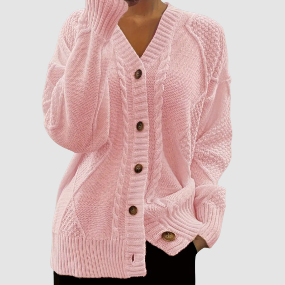 Carole – Cable Knit Button-Front Cardigan
