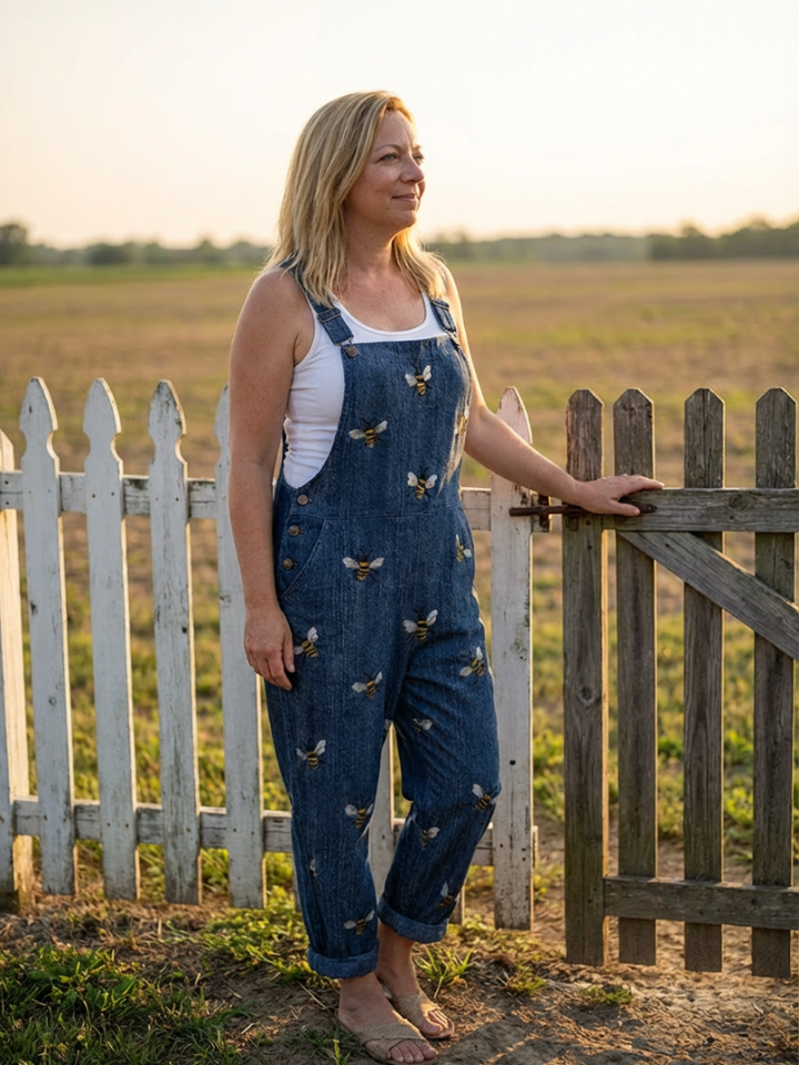Lilian | Bee-Print Denim Dungarees