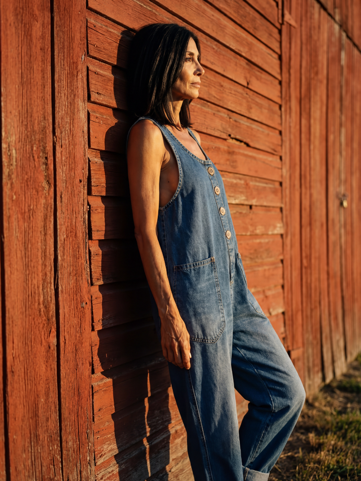 Madelyn | Rooster-Print Denim Dungarees