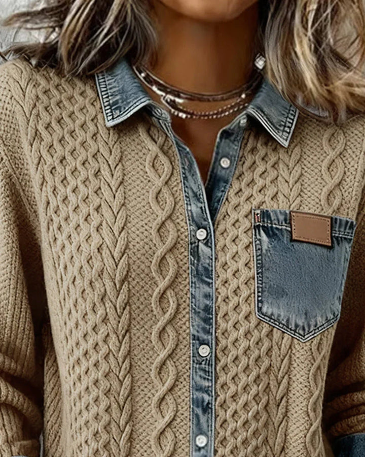 Blodwen – Cable Knit Denim Patchwork Shirt