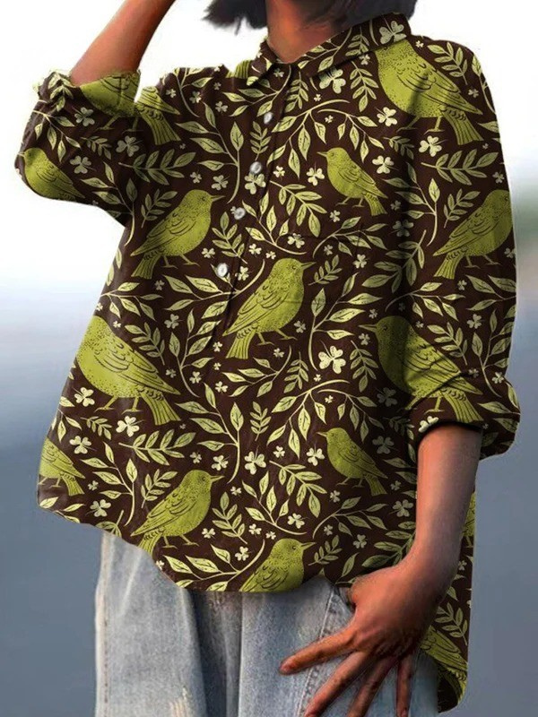 Carley | Women's Vintage Floral Birds Art Print Casual Shirt