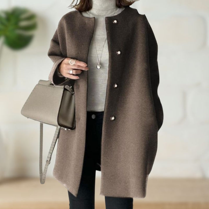 Cheryl – Mid-Length Collarless Button Coat