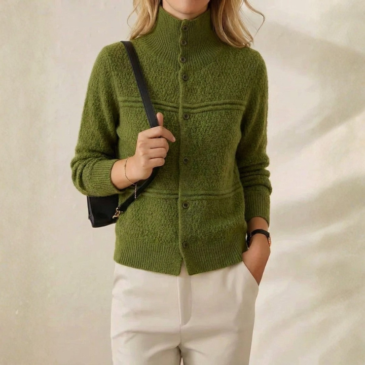 Kay – Mock Neck Button-Front Knit Cardigan