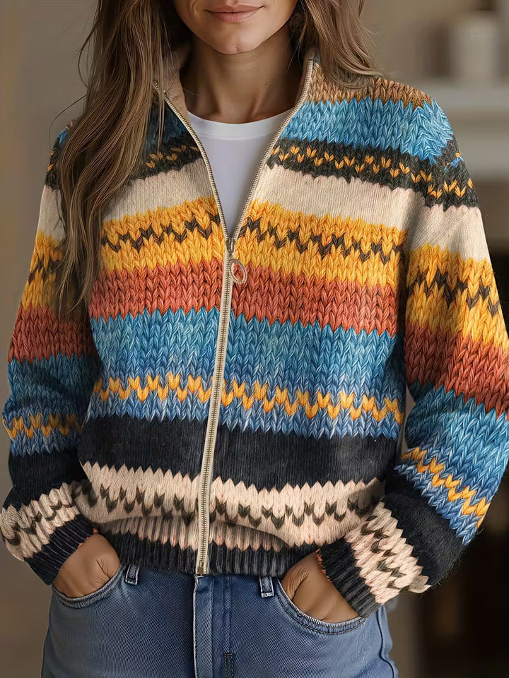 Irene – Striped Zip-Up Knit Cardigan