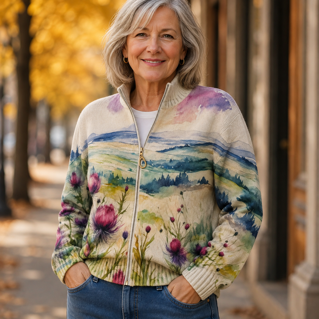 Janice – Watercolour Thistle Landscape Zip Cardigan
