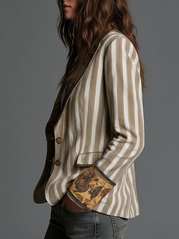 Ruth – Striped Blazer with Artistic Printed Lapels