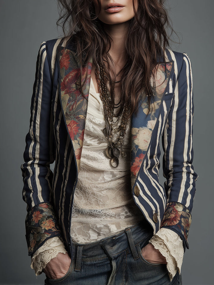 Marion – Striped Blazer with Bohemian Floral Detail