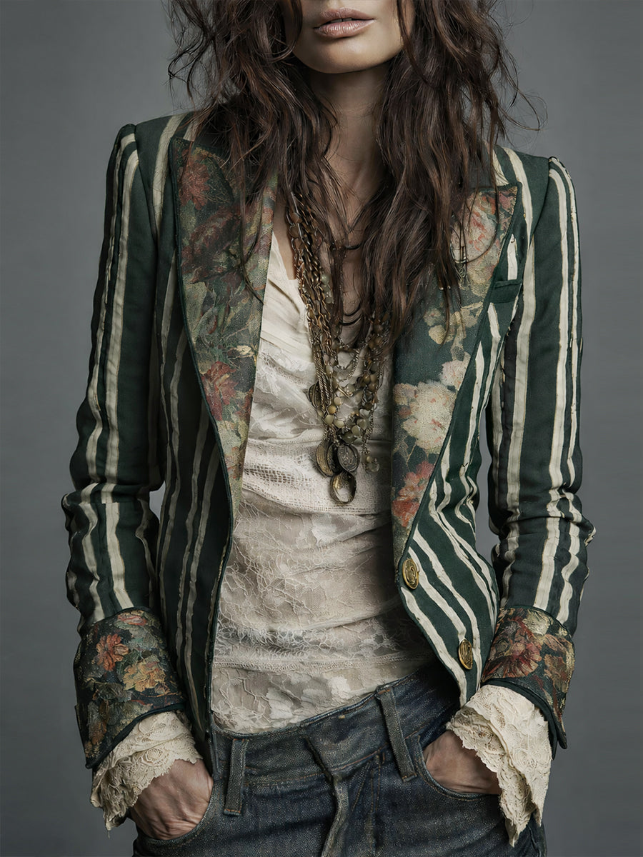 Marion – Striped Blazer with Bohemian Floral Detail