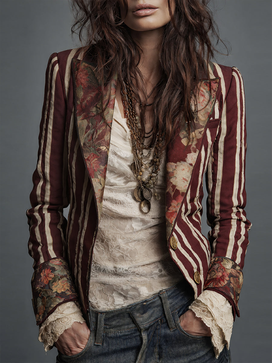 Marion – Striped Blazer with Bohemian Floral Detail