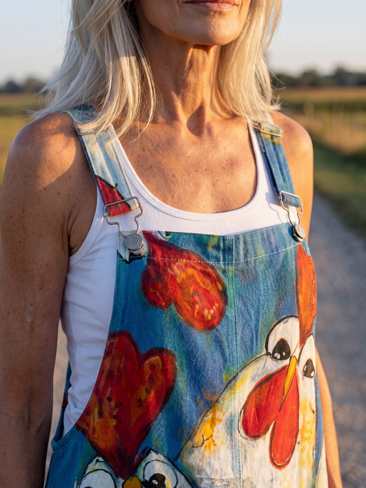Natalie | Rooster-Print Dungarees