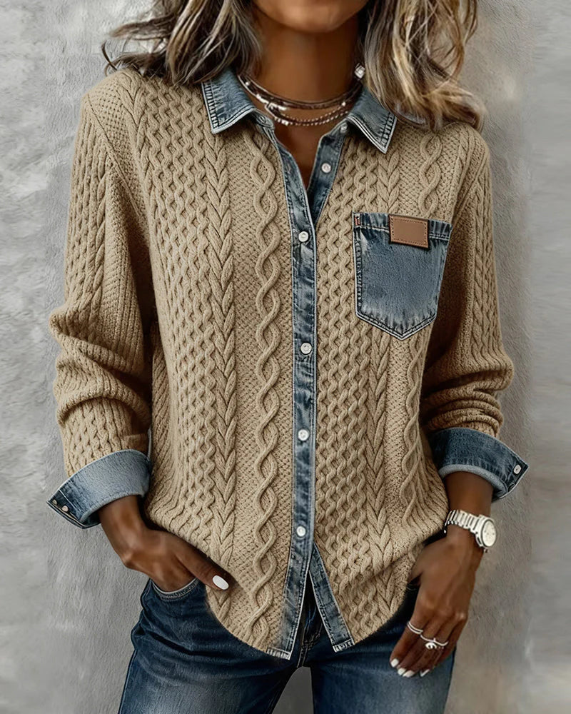 Blodwen – Cable Knit Denim Patchwork Shirt