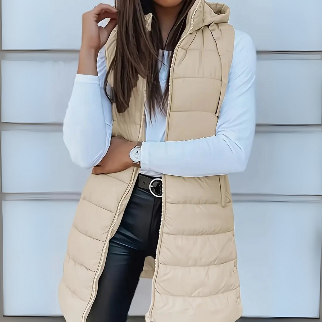 Irene – Long Hooded Sleeveless Puffer Waistcoat