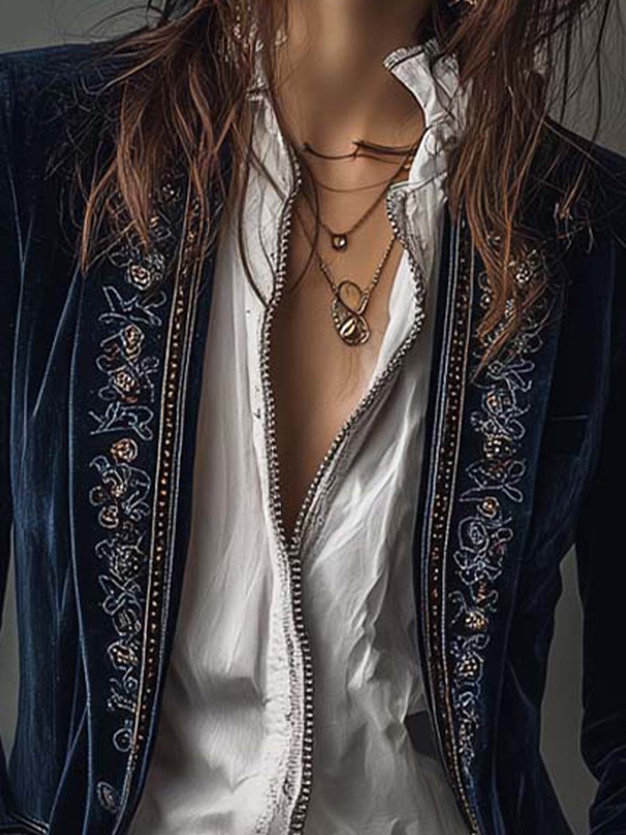 Roseanne – Embroidered Velvet-Look Long Jacket