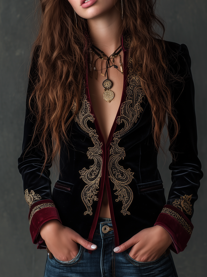 Harriet – Baroque Embroidered Velvet-Look Blazer