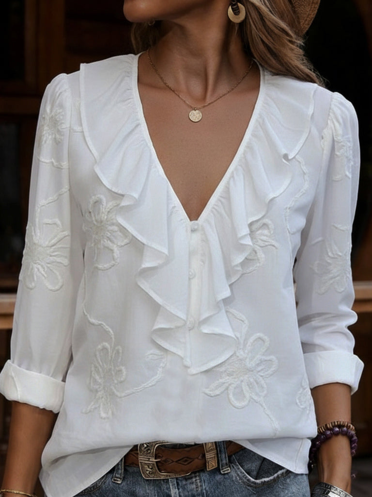 Phoebe – Ruffle V-Neck Floral Embroidered Blouse