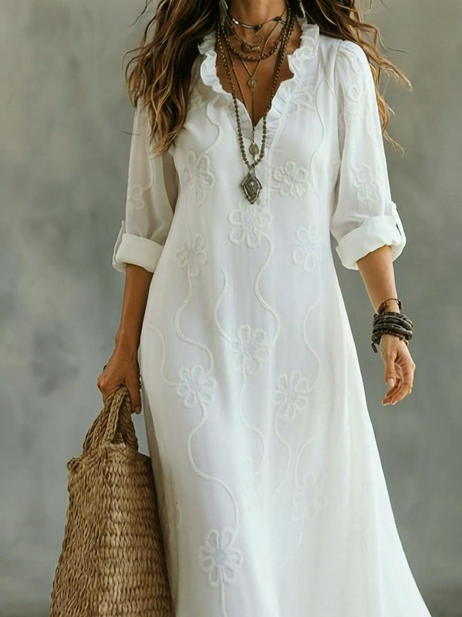 Jessamy – Embroidered Frill Neck Maxi Dress