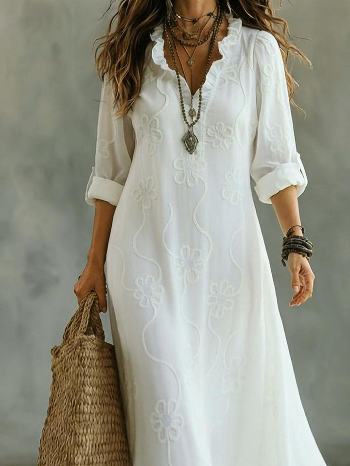 Jessamy – Embroidered Frill Neck Maxi Dress