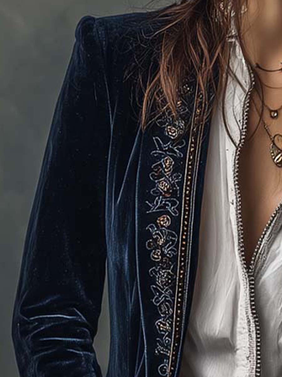 Roseanne – Embroidered Velvet-Look Long Jacket