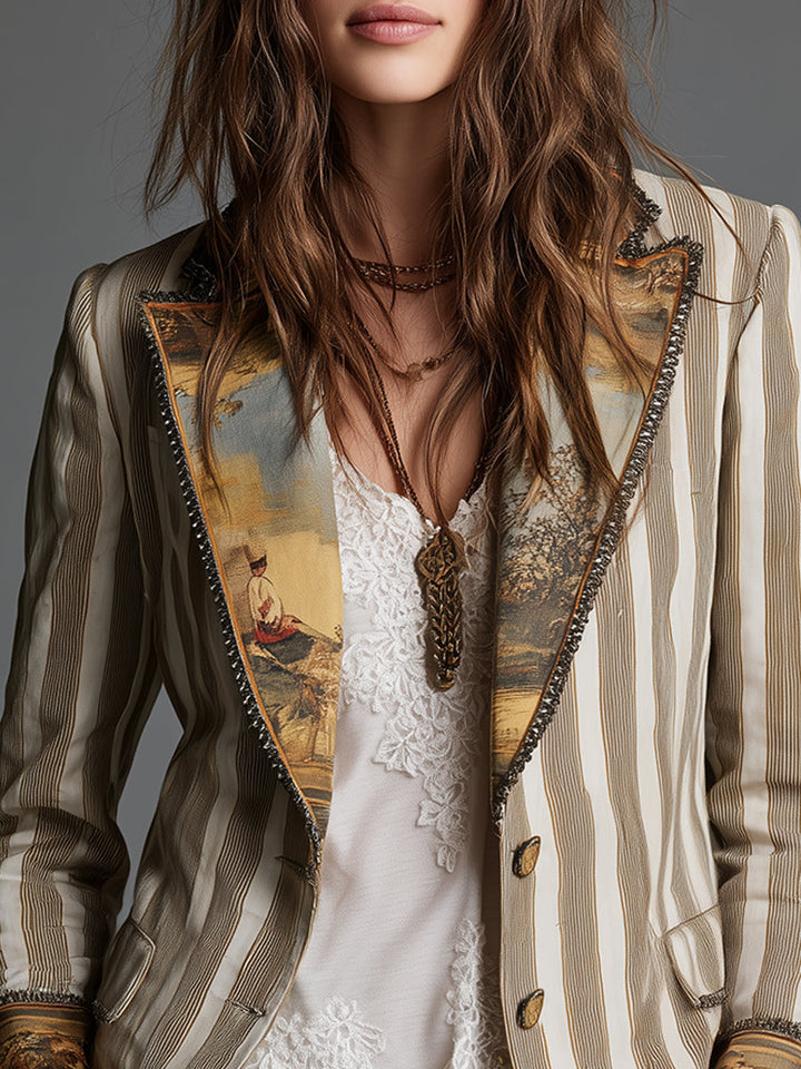 Ruth – Striped Blazer with Artistic Printed Lapels