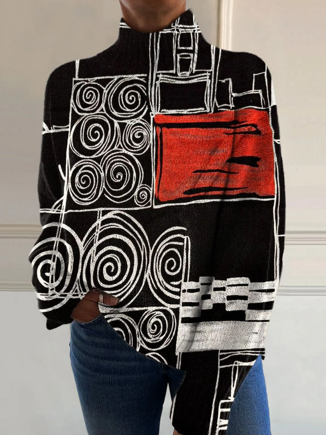 Veronica – Abstract Geometric Print Turtleneck Jumper